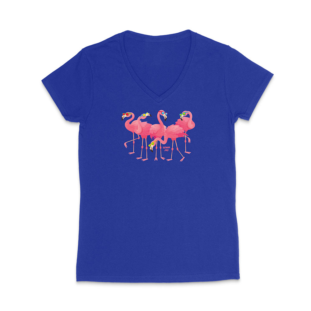 Blue t-shirt with pink flamingo design on a white background