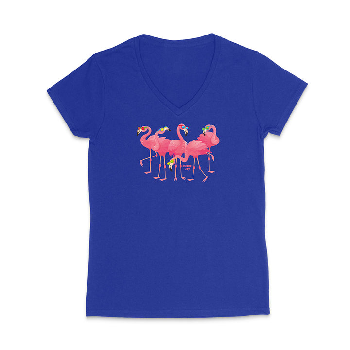 Blue t-shirt with pink flamingo design on a white background