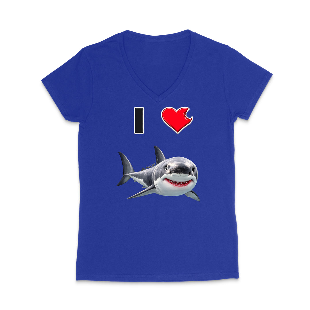 A royal blue women's V-neck t-shirt featuring a graphic print of a smiling great white shark with the text 'I' and a red heart.