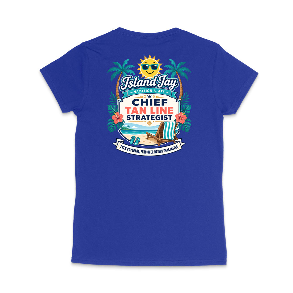 A royal blue short-sleeve t-shirt shown from the back, featuring a colorful graphic print with palm trees, a smiling sun, and text that reads 'Island Jay' and 'Chief Tan Line Strategist'.