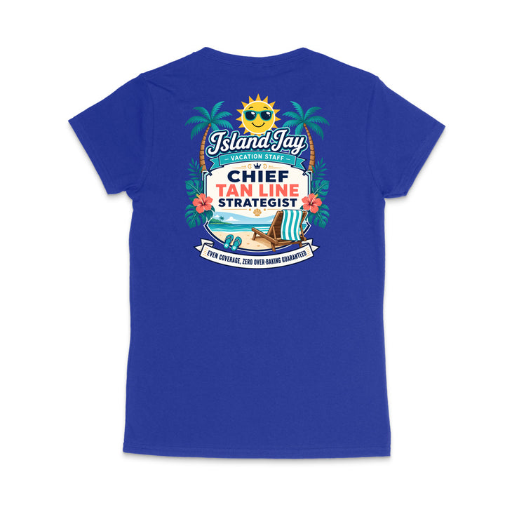 A royal blue short-sleeve t-shirt shown from the back, featuring a colorful graphic print with palm trees, a smiling sun, and text that reads 'Island Jay' and 'Chief Tan Line Strategist'.