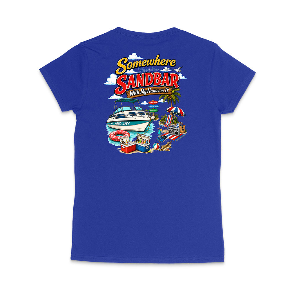A royal blue short-sleeve t-shirt shown from the back, featuring a large colorful graphic print with the text 'Somewhere Sandbar' and a beach-themed illustration.