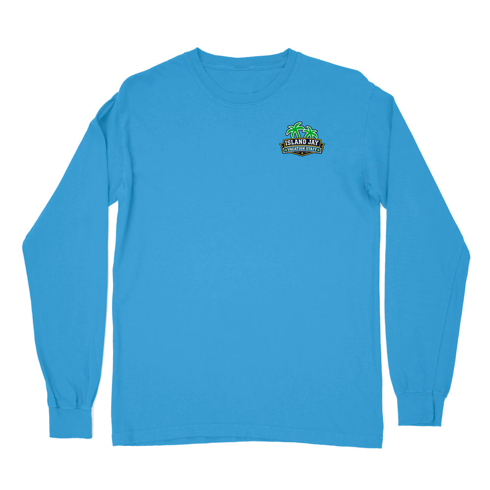 A bright blue long-sleeve crewneck t-shirt with a small 'Islands Jay Brewing Company' logo printed on the left chest, displayed on a clean white background.