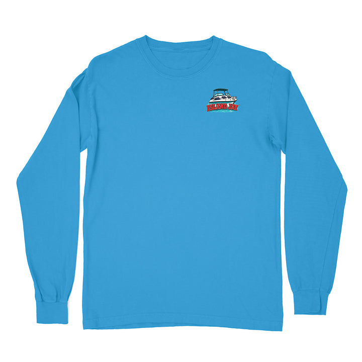 A bright blue long-sleeve crewneck t-shirt with a small graphic of a red and white boat on the left chest, displayed on a clean white background.