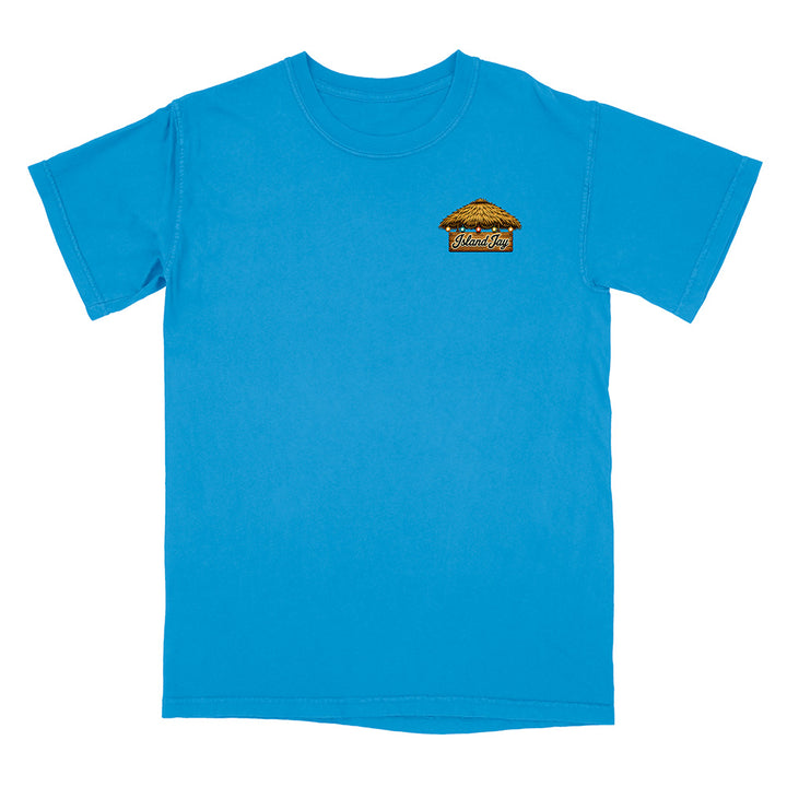 A bright blue short-sleeve crewneck t-shirt with a small graphic on the left chest depicting a hot dog with the word 'Wanderers' underneath, shown against a plain white background.