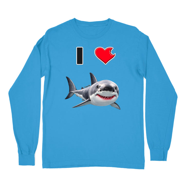 A blue long sleeve shirt with the phrase "I love shark" written with a heart icon graphic for the "love" and a cute shark graphic for the "Shark".