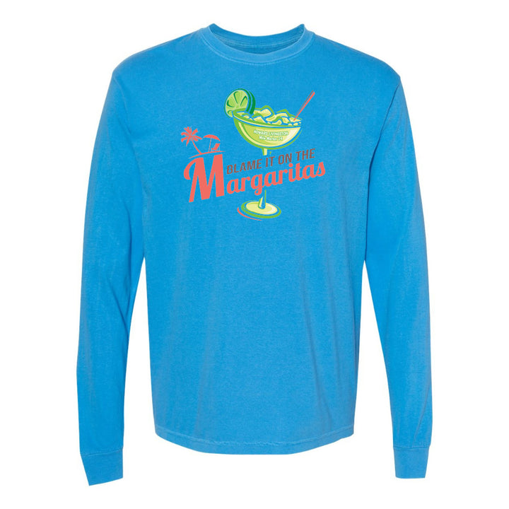 Blue long-sleeve shirt with margarita graphic and text on a white background