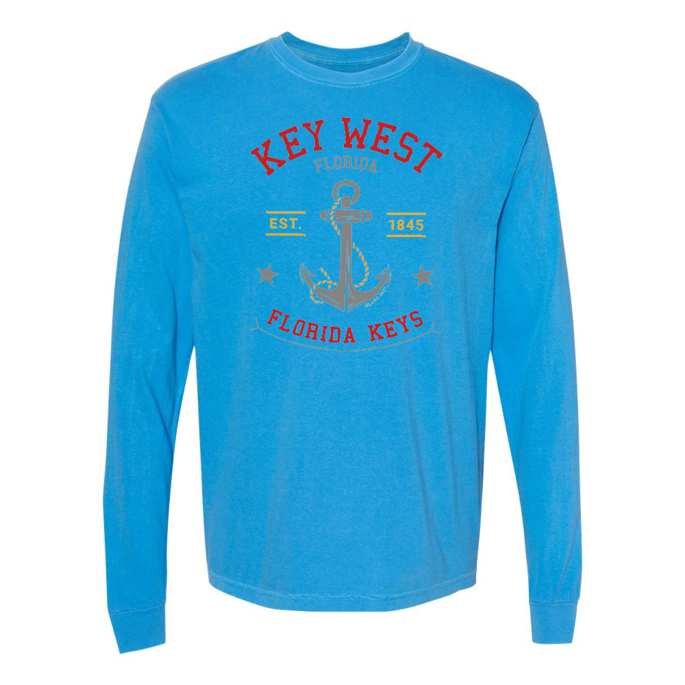 Blue long-sleeve shirt with 'Key West, Florida Keys' design on a white background