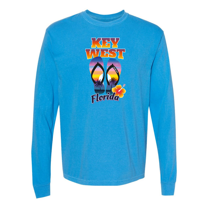 Blue long-sleeve shirt with 'Key West Florida' design on a white background
