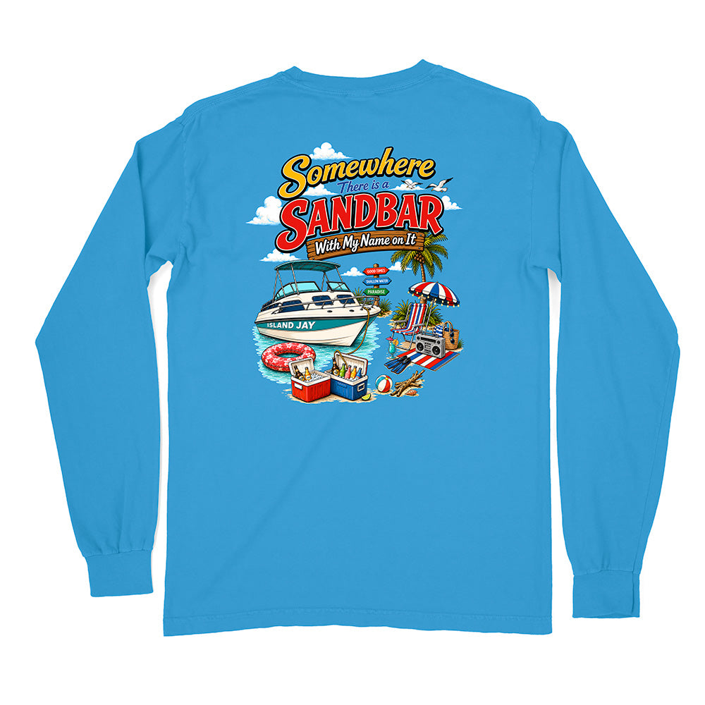 A bright blue long-sleeve t-shirt with a colorful graphic print on the chest. The graphic features the text 'Somewhere SANDBAR With My Name on It' above an illustration of a speedboat, a beach umbrella, a cooler, and a beach chair.