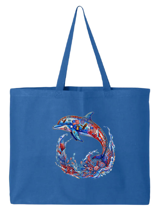 Blue tote bag with a colorful dolphin design on a white background