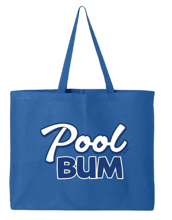 Blue tote bag with 'Pool Bum' text on a white background