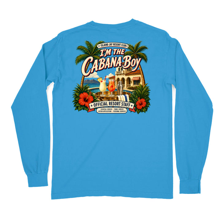 A bright blue long-sleeve t-shirt shown from the back, featuring a large, colorful graphic print with palm trees, hibiscus flowers, a cocktail, and resort-themed text reading 'I'm The Cabana Boy' and 'Official Resort Staff'.