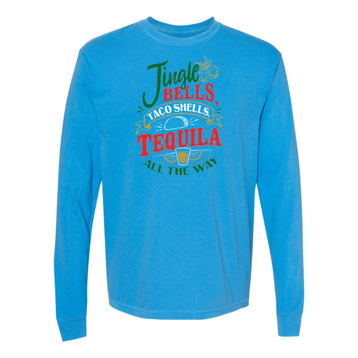 Blue long-sleeve shirt with humorous text design on a white background