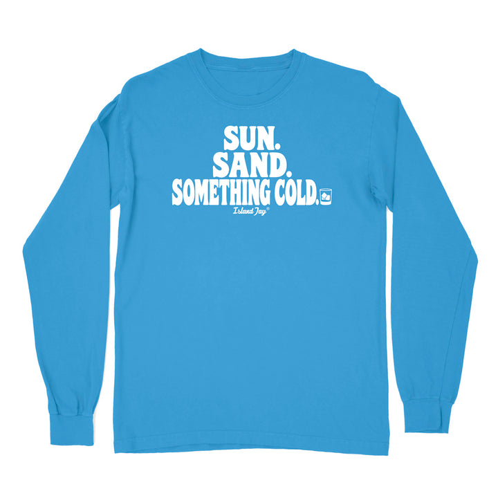 A royal caribe blue long-sleeve t-shirt with a white graphic text print on the chest reading 'SUN. SAND. Something cold