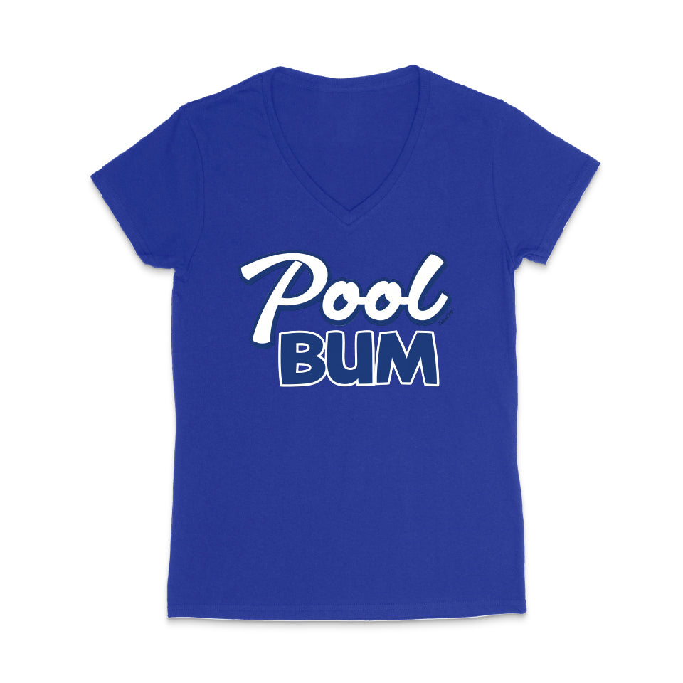 Blue t-shirt with 'Pool Bum' text on a white background
