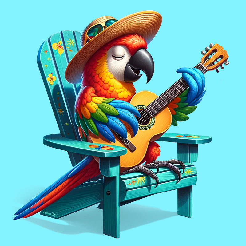 Rumba The Parrot T-Shirt Closeup. Rumba is playing the guitar while sitting in an Adirondack chair