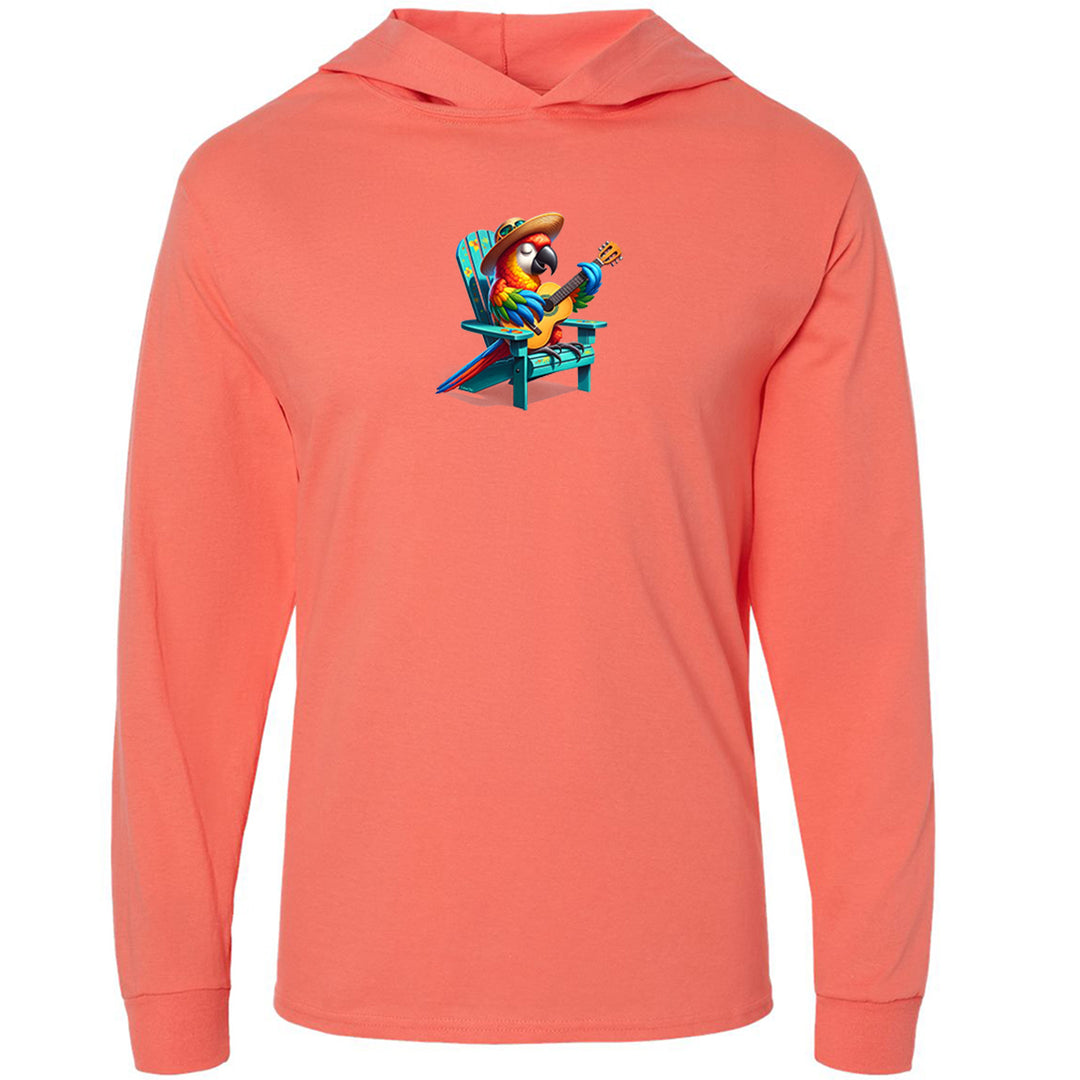 Rumba The Parrot Tee Hoodie. Featuring our Rumba parrot playing the guitar while on a beach chair. 