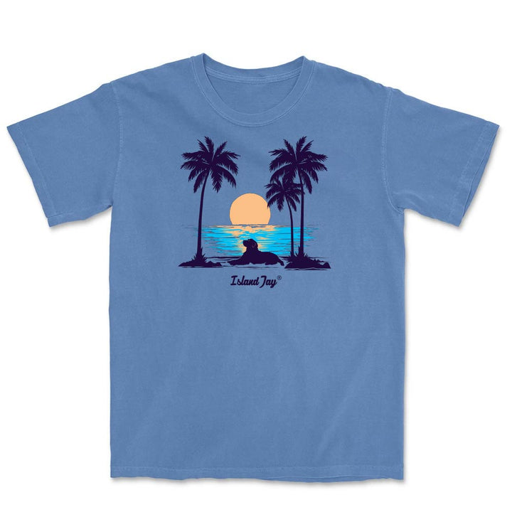 Blue t-shirt with a graphic of palm trees and a sunset, featuring the brand 'Island Jay'.
