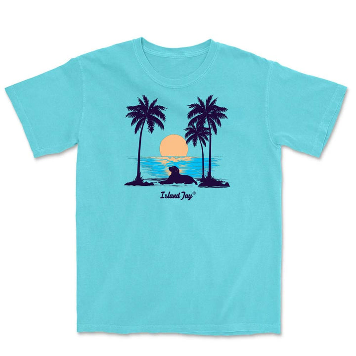Light blue t-shirt with palm tree and sunset design on a white background
