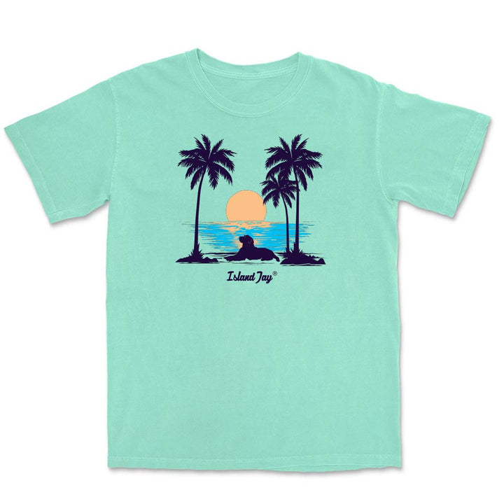 Mint green t-shirt with palm tree and sunset design on a white background