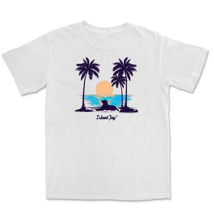 White t-shirt with a graphic of two palm trees and a sunset, featuring the brand 'Island Jay'.