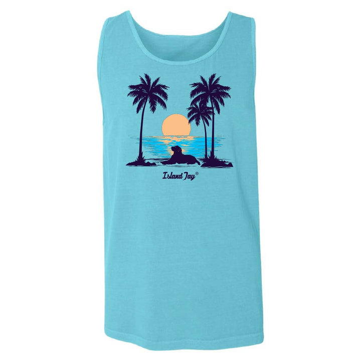 Blue tank top with a palm tree, dog and sunset design.