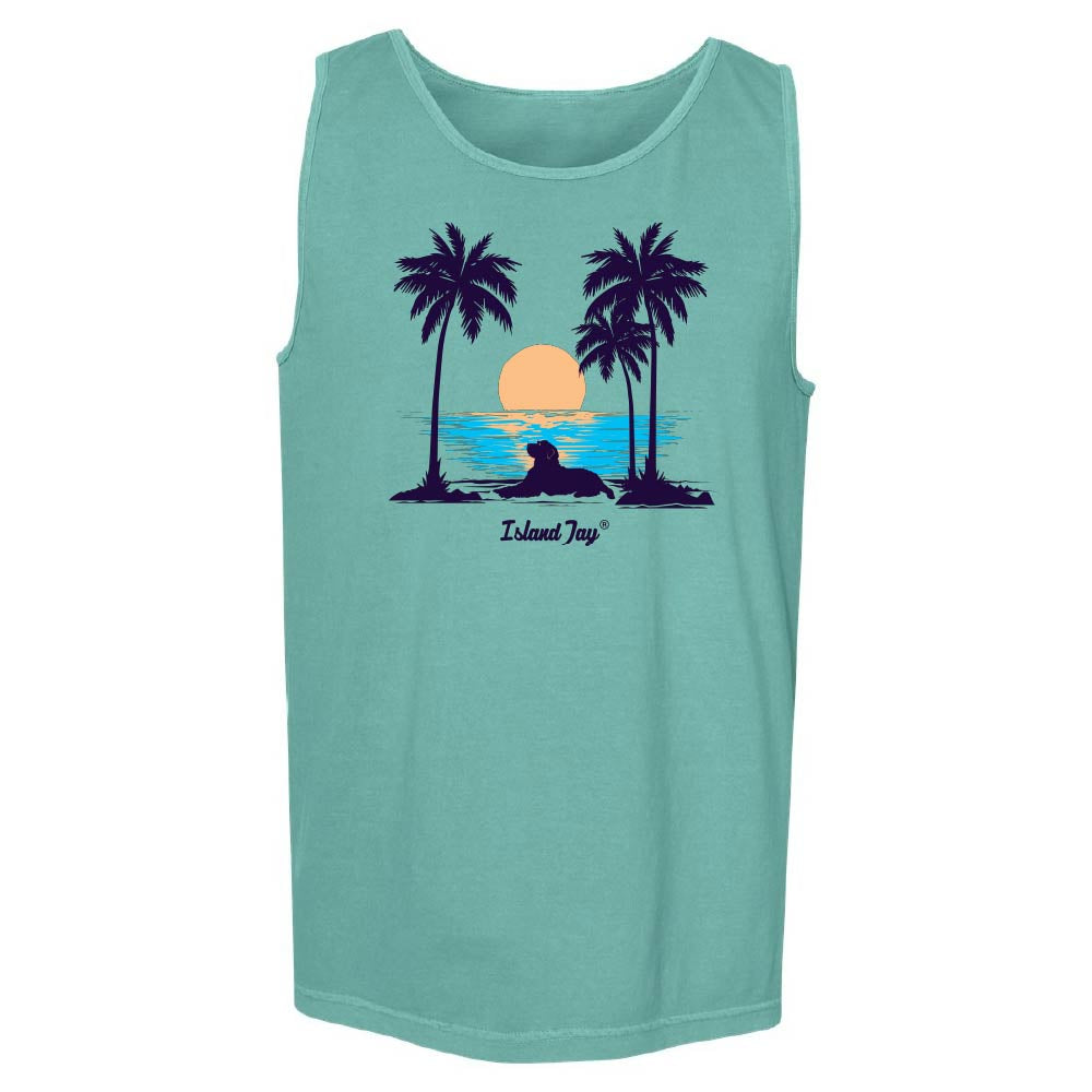 Teal tank top with a palm tree, dog and sunset design.