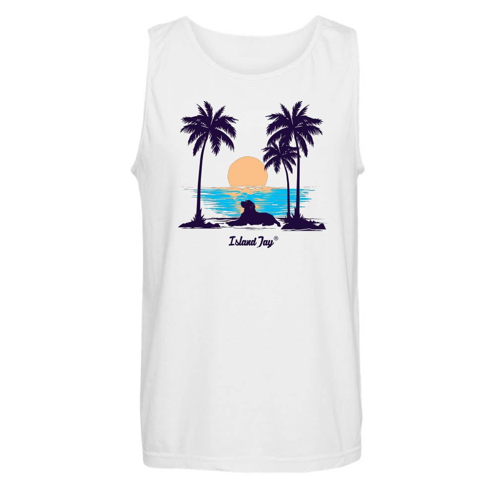 White tank top with a palm tree, dog and sunset design.