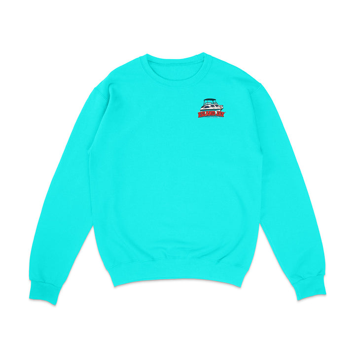 A bright turquoise crewneck sweatshirt with a small graphic of a red and blue boat on the left chest, displayed flat against a solid white background.