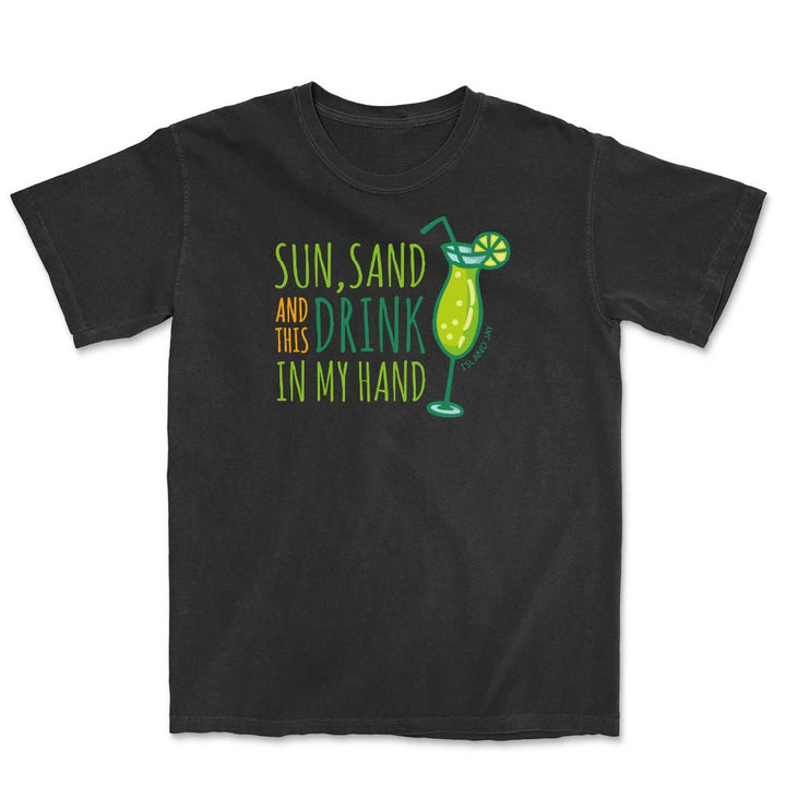 Black t-shirt with a graphic of a cocktail and text 'Sun, Sand and This Drink in My Hand'.