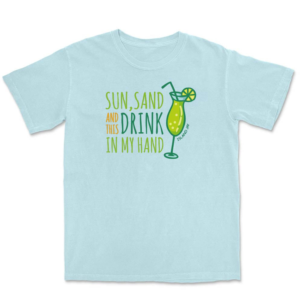 Light blue t-shirt with green graphic and text.