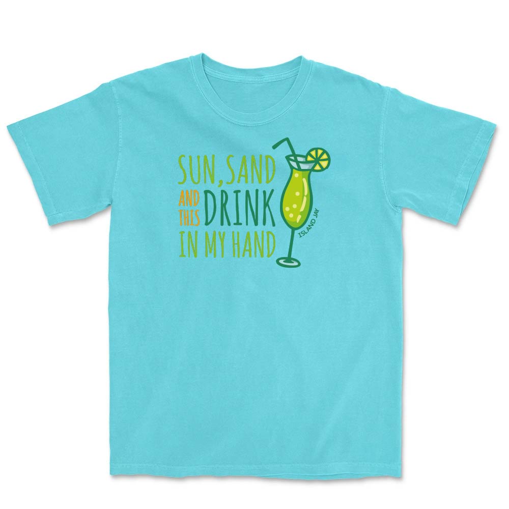 Blue t-shirt with green cocktail graphic and text.