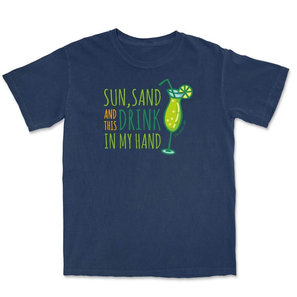 Navy blue t-shirt with a tropical-themed graphic and text.
