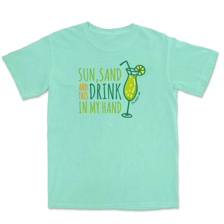 Mint green t-shirt with a lime green graphic and text.