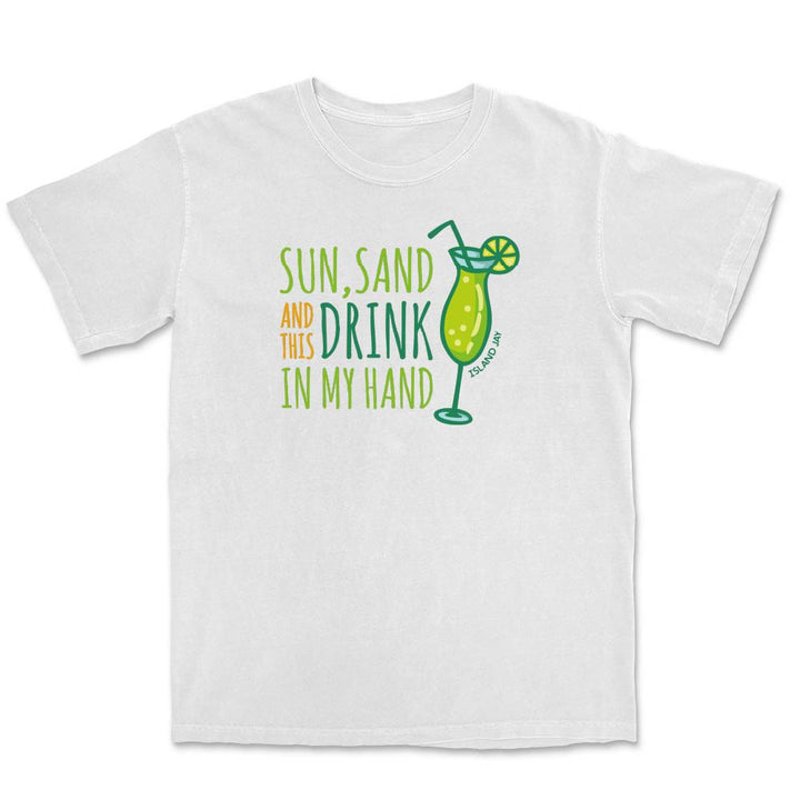 White t-shirt with a graphic design of a cocktail glass and text.