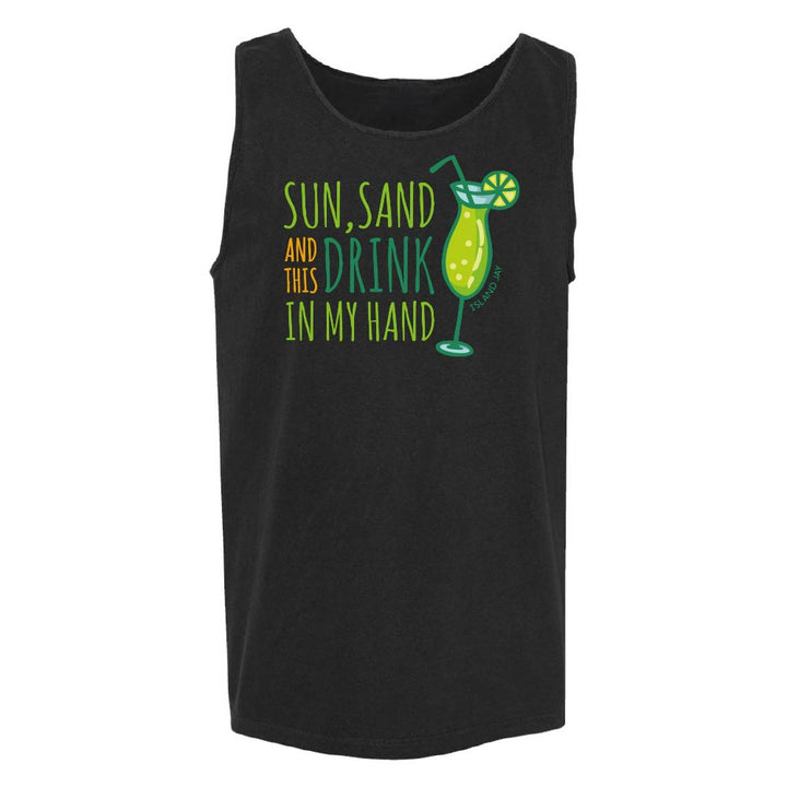 Black tank top with colorful text reading "Sun, Sand And This Drink In My Hand" and a drink graphic.