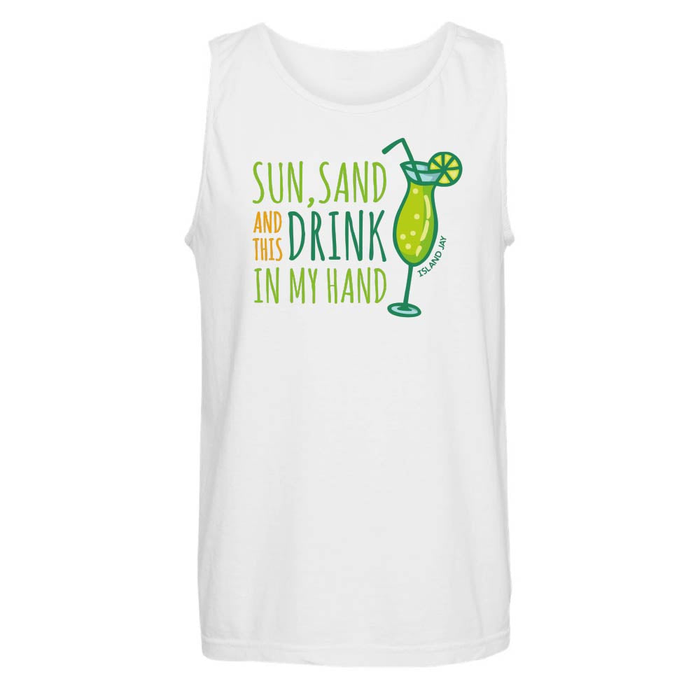 White tank top with colorful text reading "Sun, Sand And This Drink In My Hand" and a drink graphic.