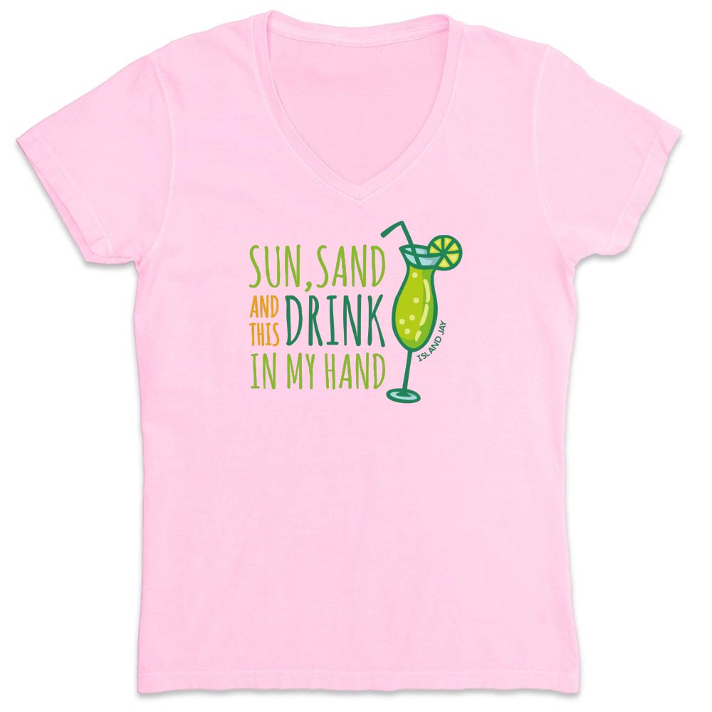Pink t-shirt with a graphic of a cocktail and text.