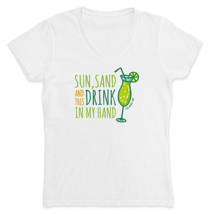White t-shirt with a graphic of a cocktail and text 'Sun, Sand and This Drink in My Hand'.