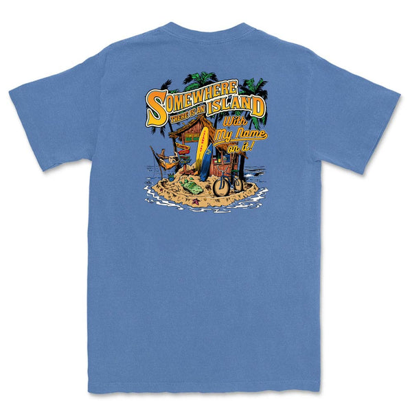 Dark blue t-shirt with a tropical graphic and text 'Somewhere There Is An Island With My Name On It'