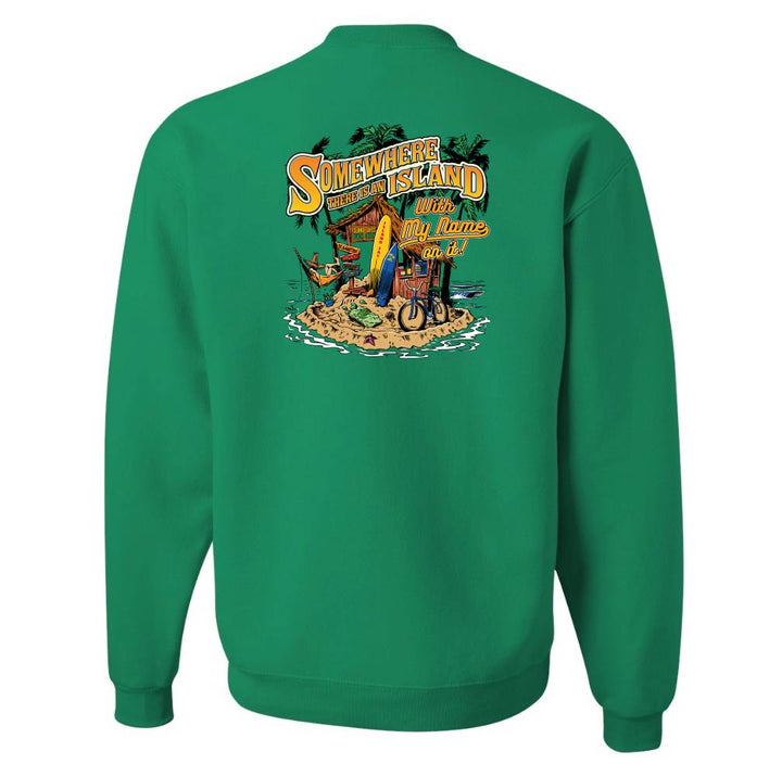 Green sweatshirt with a beach-themed graphic on the back