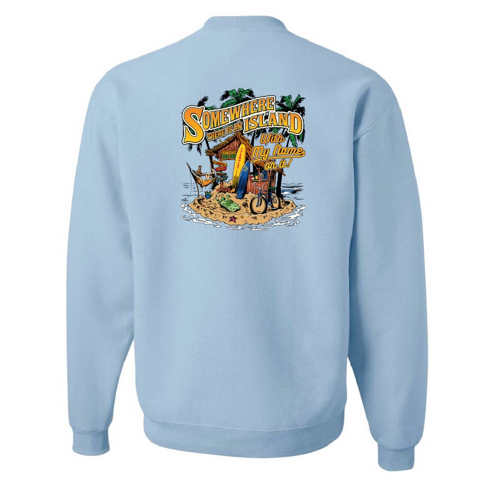 Light blue sweatshirt with a colorful graphic on the back against a white background