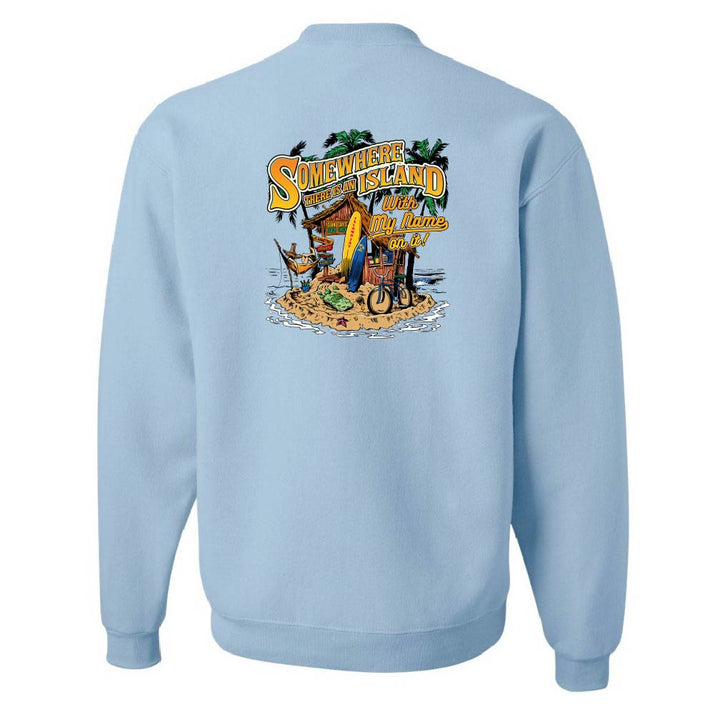 Light blue sweatshirt with a colorful graphic on the back against a white background