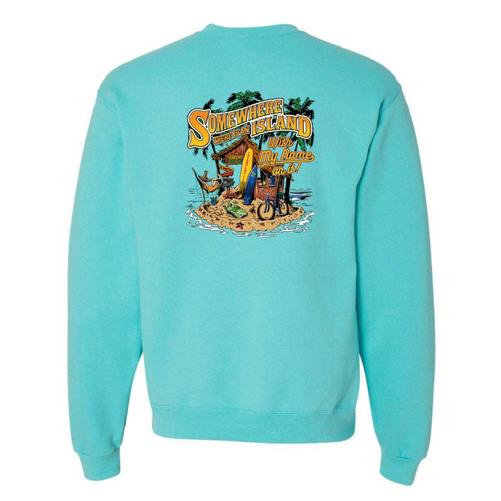 Turquoise sweatshirt with a colorful graphic on the back against a white background
