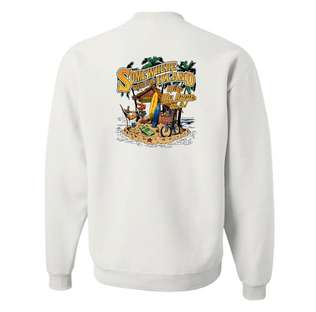 White sweatshirt with a colorful graphic on the back against a white background