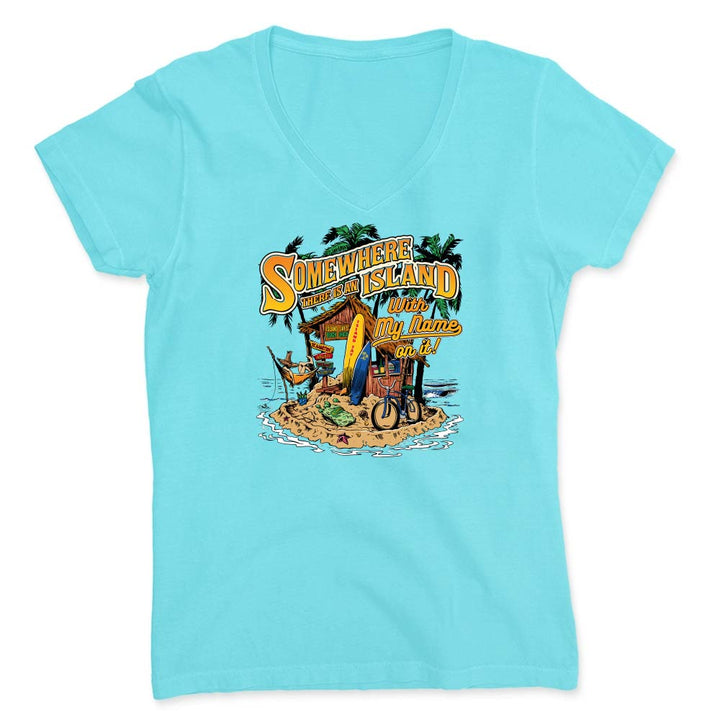 Blue t-shirt with a tropical island graphic and the text 'Somewhere There Is An Island With My Name On it".