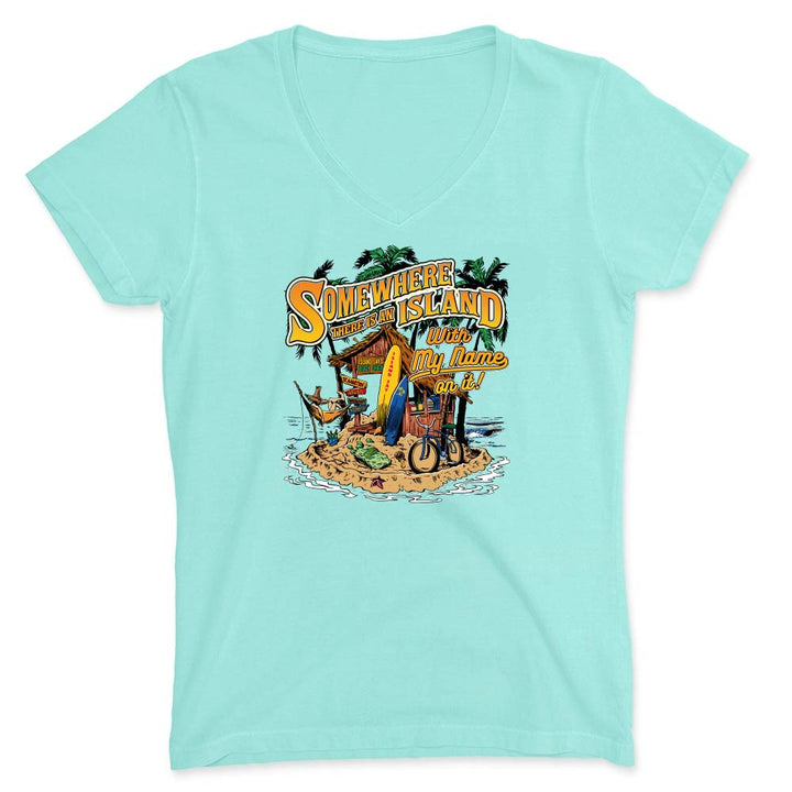 Light blue t-shirt with a tropical island graphic and the text 'Somewhere There Is An Island With My Name On it".