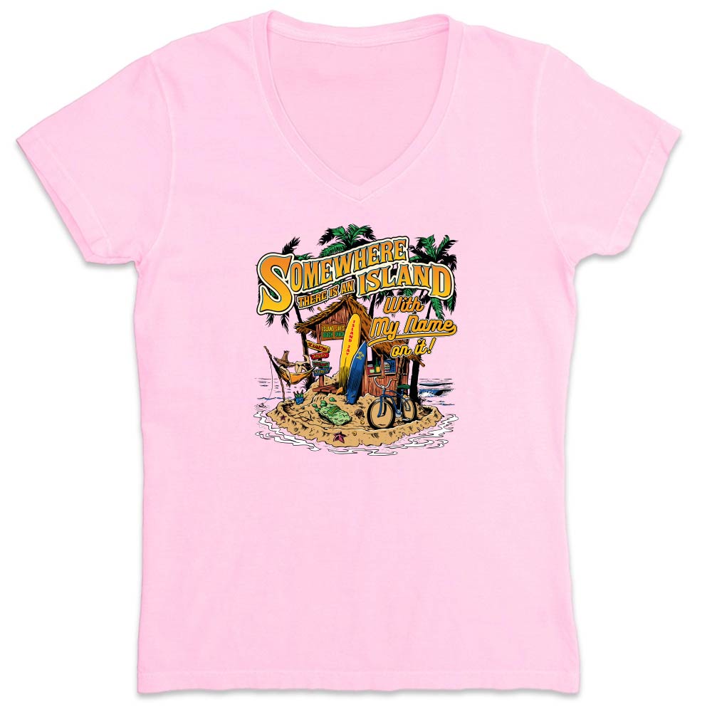 Pink t-shirt with a tropical island graphic and the text 'Somewhere There Is An Island With My Name On it".