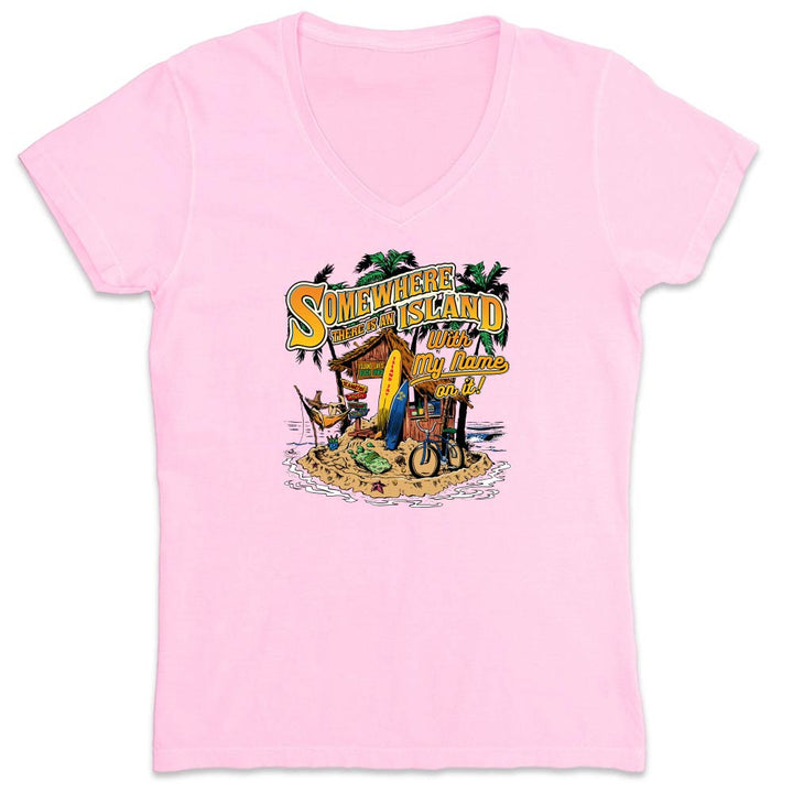 Pink t-shirt with a tropical island graphic and the text 'Somewhere There Is An Island With My Name On it".